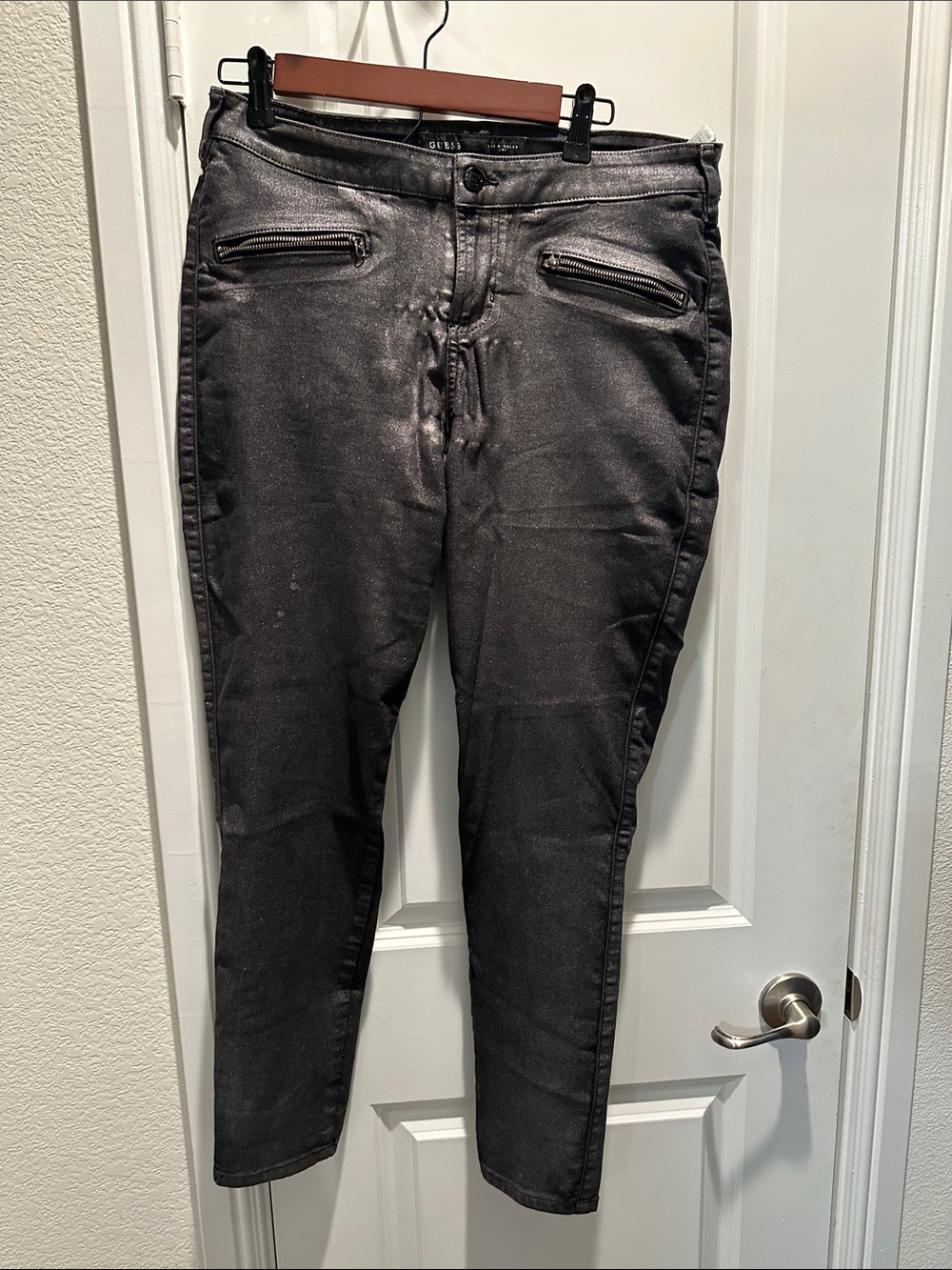 Guess Black Coated Skinny Pants with Zip Detail